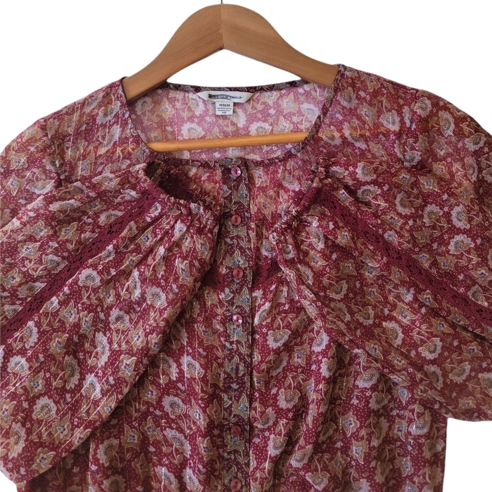 NWOT American Eagle Outfitters Red Floral Boho Peasant Top Size Medium - Picture 8 of 9